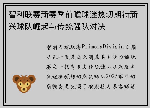 智利联赛新赛季前瞻球迷热切期待新兴球队崛起与传统强队对决